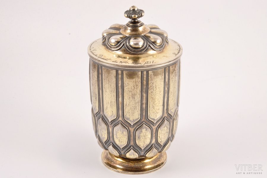 cup, silver, 84 standart, gilding, 1856, 422.50 g, Iganty Sazikov's firm "Sazikov", St. Petersburg, Russia, h (with a lid) 17 cm