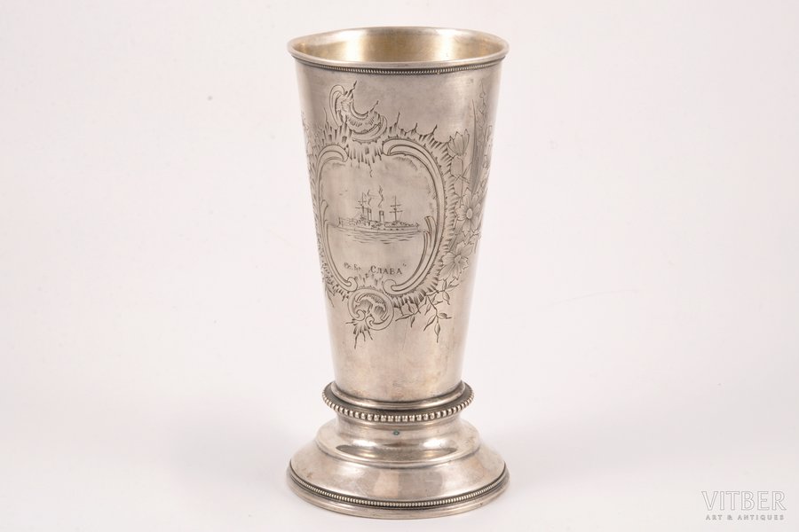 cup, silver, with an engraved image of the battleship "Slava", 84 standard, 200.15 g, engraving, h 16.6 cm, 1899-1908, Moscow, Russia