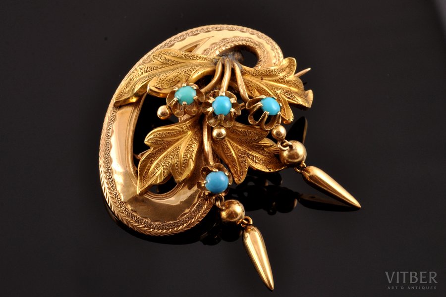 a brooch, in an original case, gold, 750 standart, 12.65 g., the item's dimensions 4.1 x 3.2 cm, turquoise (?), the 19th cent., Europe