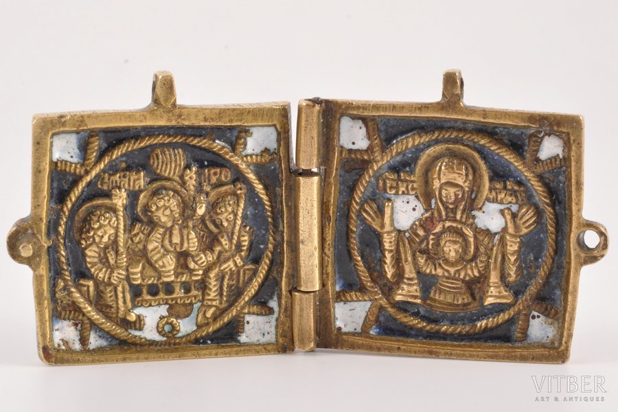icon with foldable side flaps, The Trinity, the Inexhaustible Cup, copper alloy, 2-color enamel, Russia, the 1st half of the 19th cent., 3.4 x 3.7 x 0.8 (3.4 x 7 x 0.4) cm, 35.90 g.