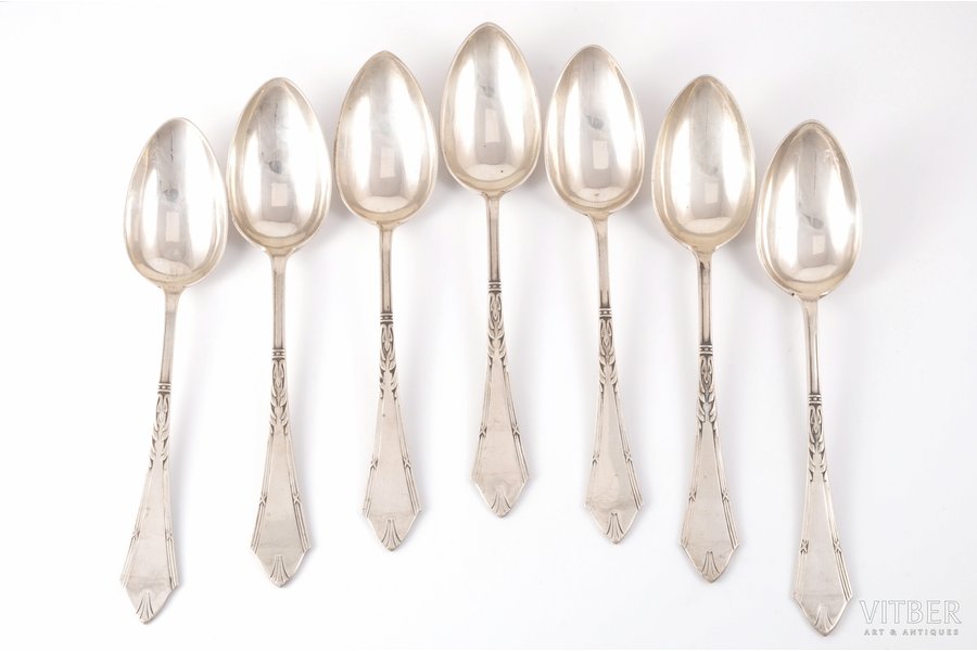 set of soup spoons (6+1), silver, 875 standart, the 20ties of 20th cent., 419.50 g, H. Bank's workshop, Riga, Latvia, 21.6 cm