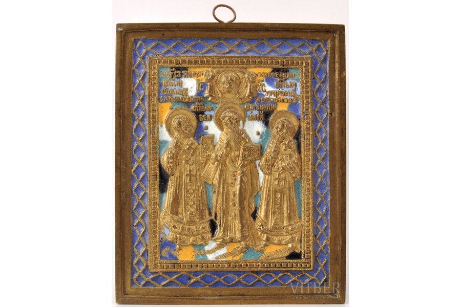 ikona, Svētnieks Gregors no Nazianzas, Svētais Basilijs Lielais un Svētītājs Jānis Zeltamute, vara sakausējuma, 6-krāsu emalja, Krievijas impērija, 19. un 20. gadsimtu robeža, 11.5 x 9.5 x 0.6 cm, 335.90 g.