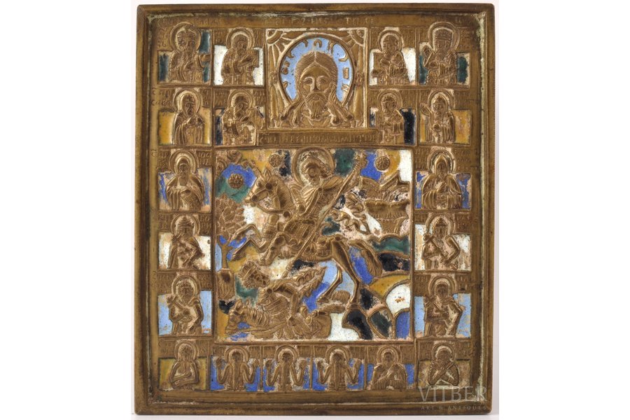 icon, the Holy Martyr Demetrius of Salonica killing the Bulgarian Tsar Kaloyan, copper alloy, 6-color enamel, Russia, the border of the 19th and the 20th centuries, 12 x 10.4 x 0.55 cm, 389.30 g.