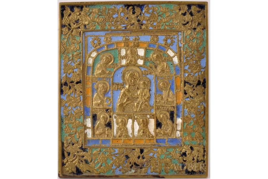 ikona, Dievmāte ar Jēzu Kristu un svētajiem, vara sakausējuma, 6-krāsu emalja, Krievijas impērija, 19. gs., 11.4 x 9.7 x 0.4 cm, 328.20 g.