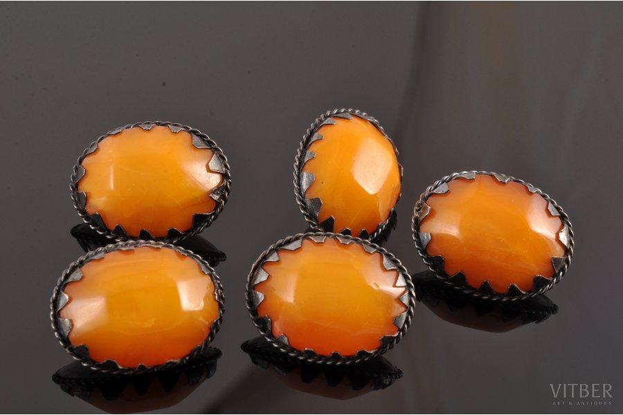 buttons, 5 pcs., silver, 875 standard, 12.45 g., the item's dimensions 2.25 x 1.75 cm, amber, the 20-30ties of 20th cent., Latvia