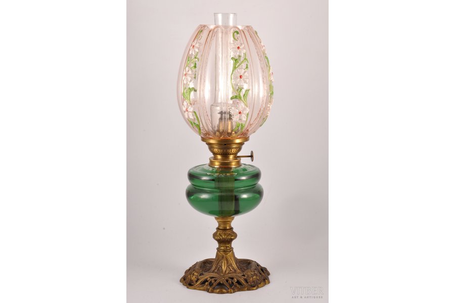 керосиновая лампа, стекло, бронза, модерн, начало 20-го века, h 48 см