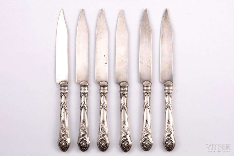 set, set of 6 fruit knives, B. Buch, Warszawa, silver plated, Russia, Congress Poland, 1882-1893, 15.8 cm