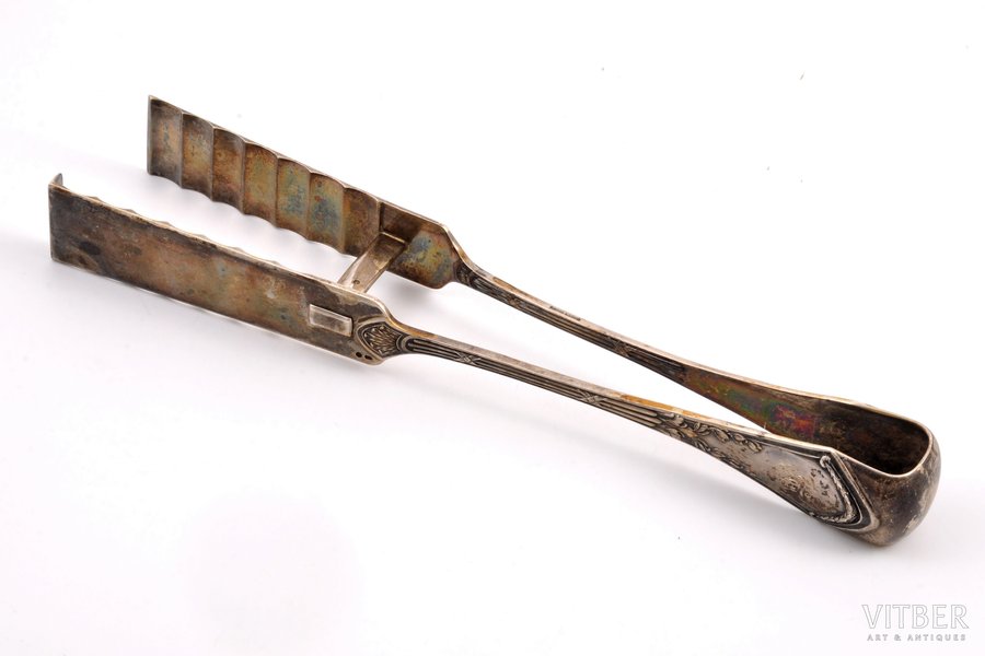 asparagus tongs, silver, 84 standard, 251.85 g, 26.5 cm, Nemirov-Kolodkin Manufacturing and Trading Association, 1908-1917, Russia