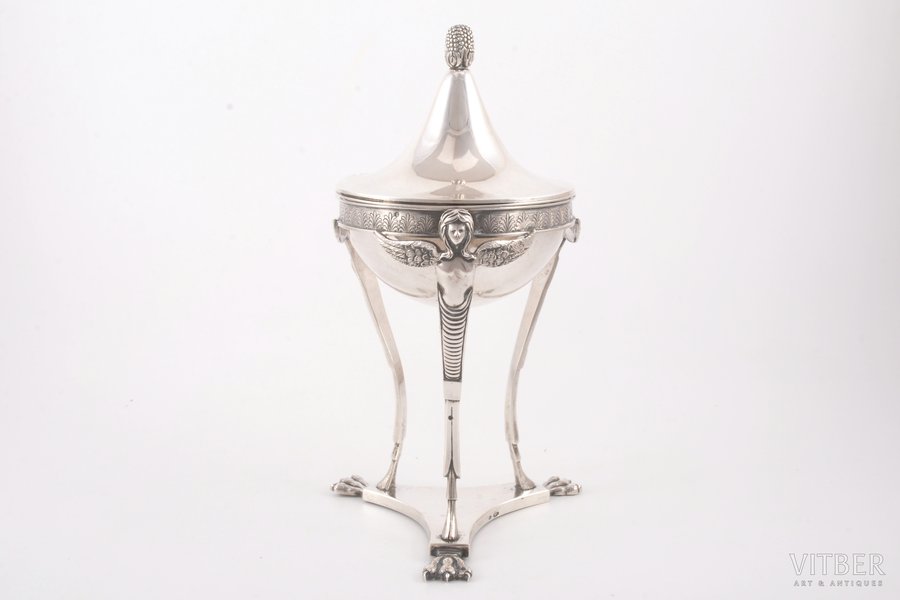 caviar server, silver, glass, 84 standart, 1908-1916, (without glass insert) 522.50, St. Petersburg, Russia, h (with a lid) 21.5 cm