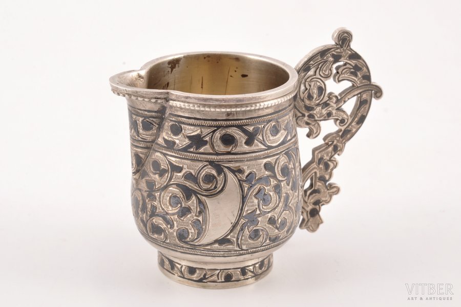 miniature cream jug, silver, 84 standart, niello enamel, engraving, the end of the 19th century, 44.50 g, St. Petersburg, Russia, h 5.3 (with handle) cm