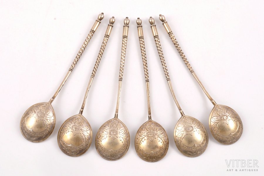 set of teaspoons, silver, 6 pcs., 84 standard, 95.80 g, engraving, 13.2 cm, 1886, Moscow, Russia