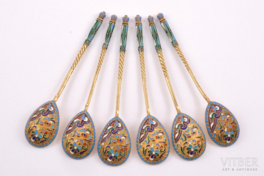 set of 6 spoons, silver, 84 standart, gilding, cloisonne enamel, 1908-1916, 142.40 g, Moscow, Russia, 13.4 cm