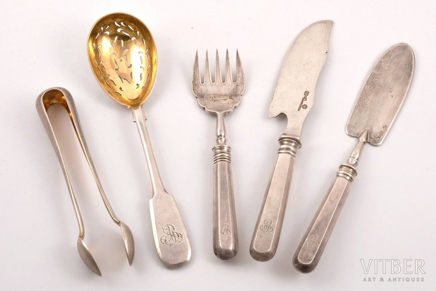 flatware set, silver, 5 items, sugar tongs, fish fork, fish knife, powdered sugar spoon, confectionery server, 84 standard, 373.55 g, (total weight of items), gilding, 14.6 / 16.3 / 20.7 / 19.6 / 20.5 cm, workshop of Pavel Ovchinnikov, 1894, Moscow, Russia