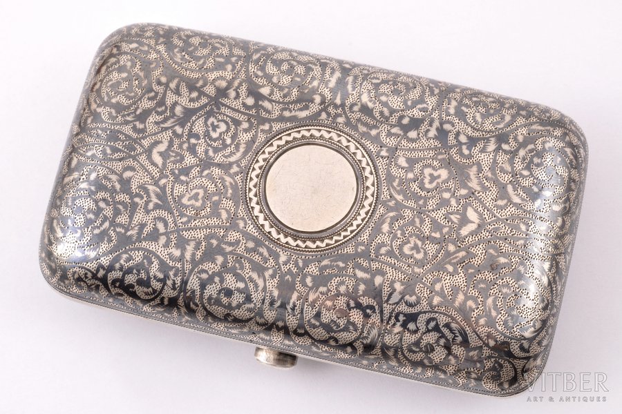 snuff-box, silver, (contemporary box), 84 standard, 110.95 g, niello enamel, gilding, 9.5 x 5.6 x 2.2 cm, factory of Klingert Gustav Gustavovich, 1887, Moscow, Russia