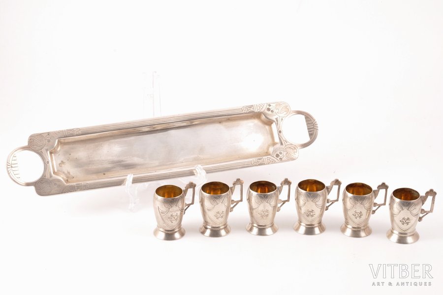 tray with 6 charka glasses, silver, (contemporary box), 84 standart, engraving, 1908-1916, (total) 311.10 g, Ivan Khlebnikov factory, Moscow, Russia, (charka) 4.8 cm, 31.2 cm
