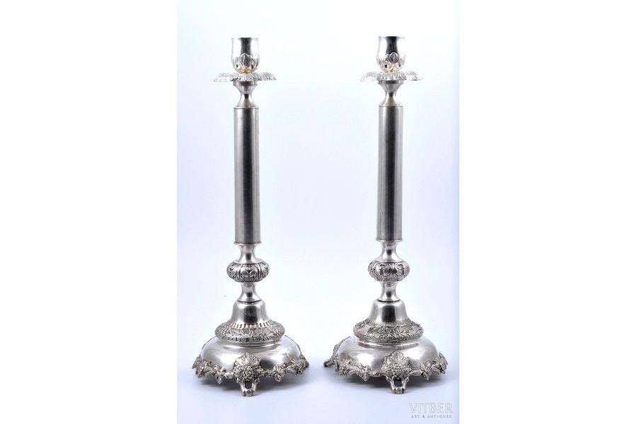 candlesticks, silver, Szekman (2 pieces), 84 standard, 390.1+408.5 g, silver stamping, h 39 cm, the beginning of the 20th cent., Minsk, Russia
