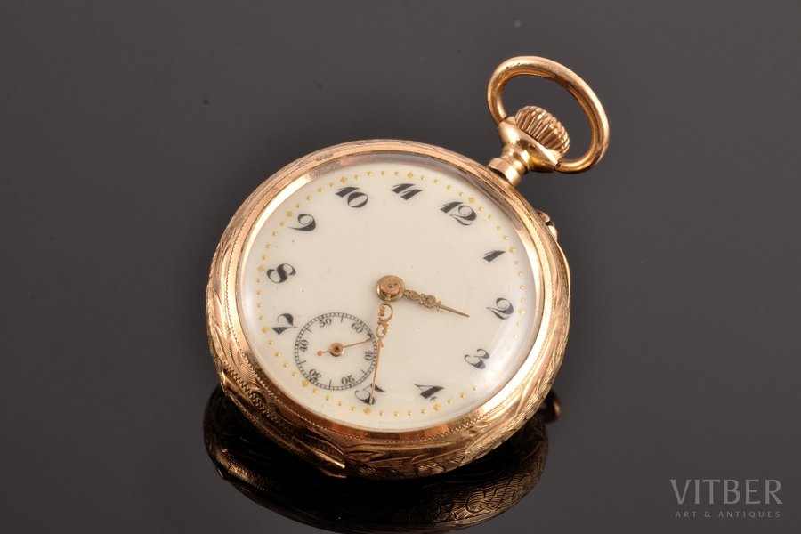 дамские карманные часы, Швейцария, начало 20-го века, золото, 585 проба, (общий) 22.80 г., 3.9 x 3.1 см, 25 мм, в рабочем состоянии