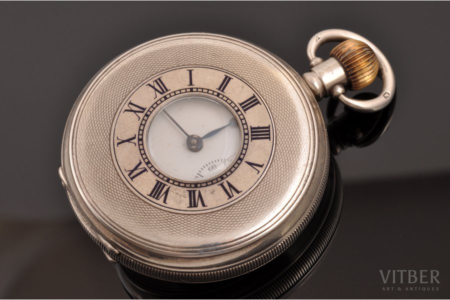 kabatas pulkstenis, Lielbritānija, 20. gs. sākums, sudrabs, 6.6 x 5 cm, Ø 40 mm, darbojas