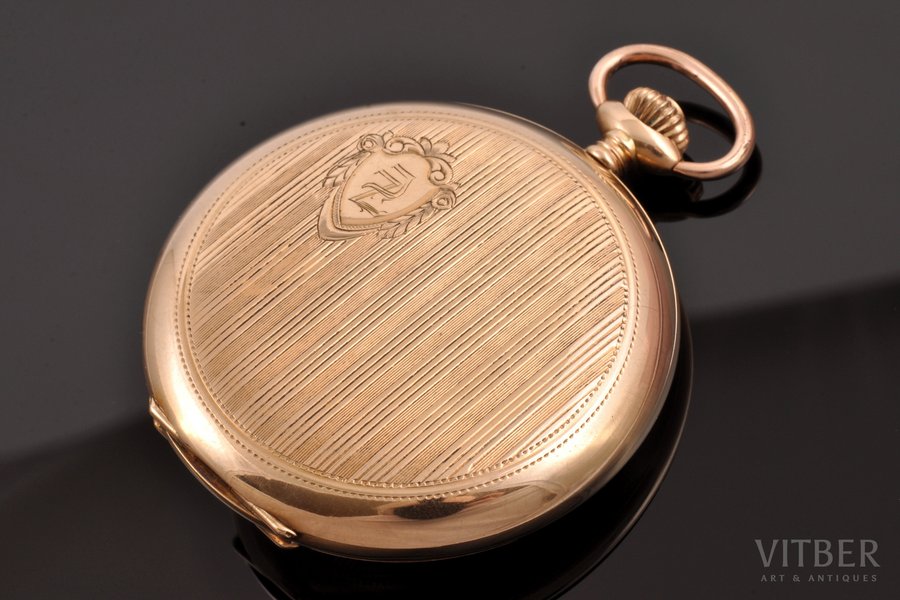 pocket watch, "Perret & Fils", in a case, Switzerland, the 20ties of 20th cent., gold, 585 standart, (total) 74.50 g, 6.1 x 5.1 cm, Ø 43 mm, working well