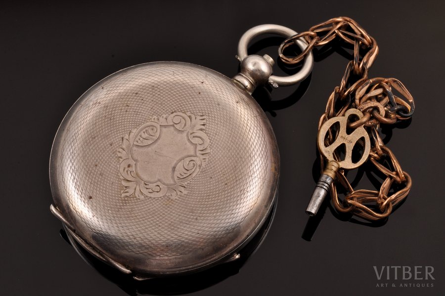 pocket watch, "Perret & Fils", Switzerland, the border of the 19th and the 20th centuries, silver, 84, 875 standart, (total) 137.60 g, 7 x 5.9 cm, Ø 43 mm, working well