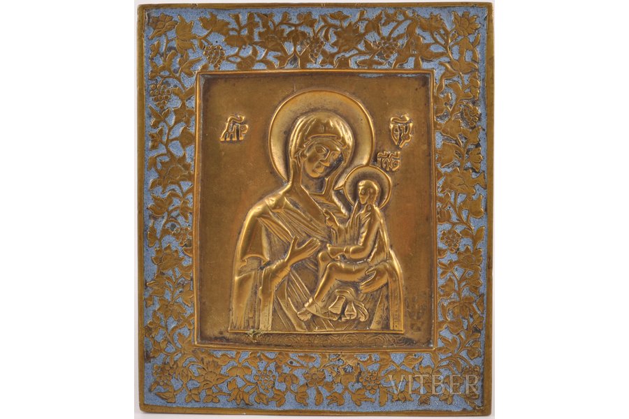 ikona, Tihvinas Dievmāte, vara sakausējuma, 1-krāsu emalja (gaiši zilā), Krievijas impērija, 19. un 20. gadsimtu robeža, 11.1 x 9.6 x 0.4 cm, 268.85 g.
