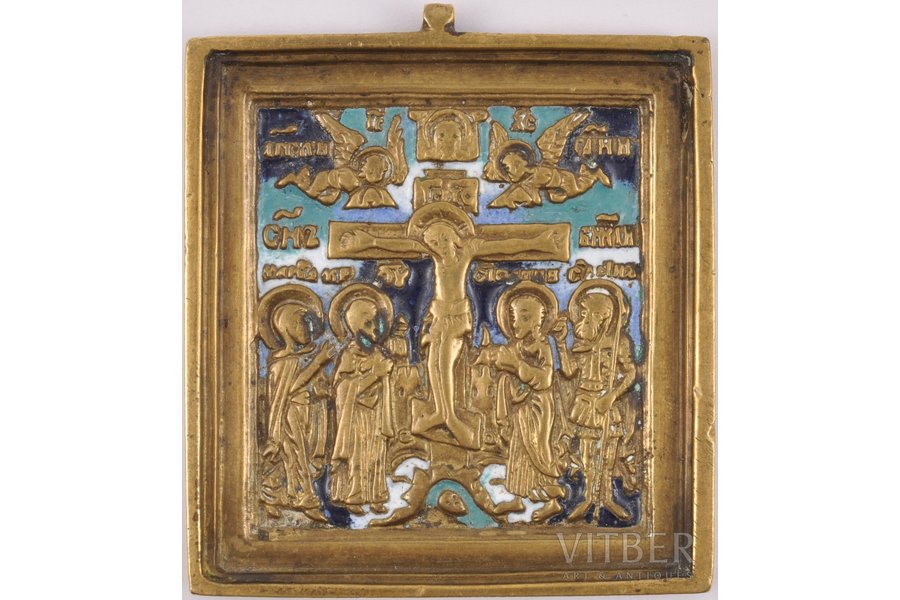 ikona, Kristus Krustā Sišana, vara sakausējuma, 4-krāsu emalja, Krievijas impērija, 19. un 20. gadsimtu robeža, 5.8 x 5.2 x 0.44 cm, 70.55 g.