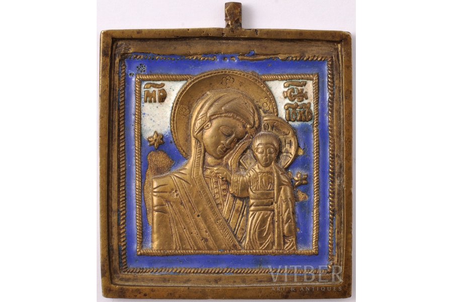 ikona, Kazaņas Dievmāte, vara sakausējuma, 2-krāsu emalja, Krievijas impērija, 19. un 20. gadsimtu robeža, 6.8 x 5.8 x 0.4 cm, 74 g.