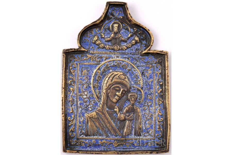 icon, Our Lady of Kazan, copper alloy, 1-color enamel (blue), Russia, the 19th cent., 12.3 x 8.7 x 0.5 cm, 205.80 g.