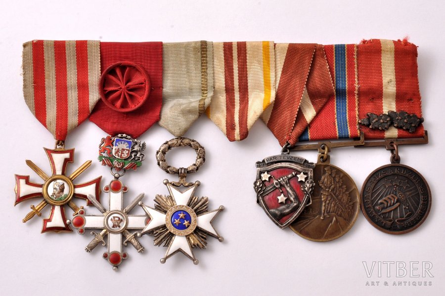 set of awards, Order of the Bearslayer (3rd class), Nº 1569; the Order of Vesthardus with swords (4th class); the Order of Three Stars (5th class); badge in commemoration of the Latvian War of Independence (1918-1920); commemorative medal of 10th anniversary of the Latvian Republic's fight for liberation; the Latvian Society of Defence, Latvia, 20-30ies of 20th cent.