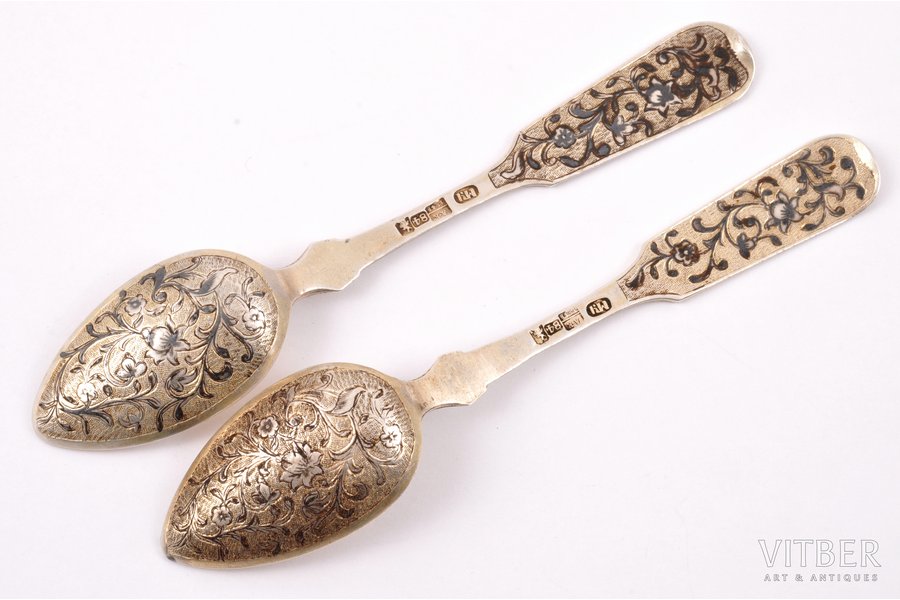 2 spoons, silver, 84 standart, niello enamel, engraving, 1848, 39.15 g, Moscow, Russia, 13.7 cm