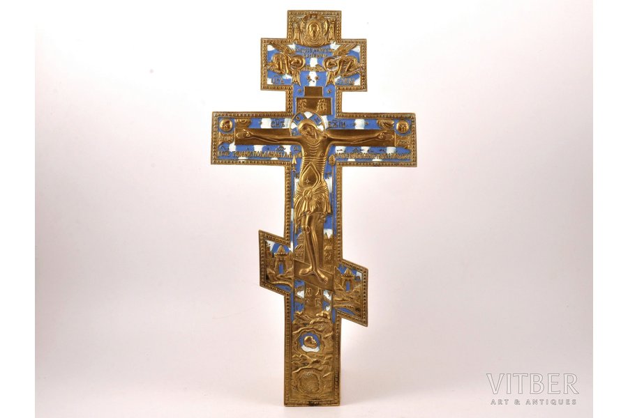 крест, Распятие Христово, бронза, 2-цветная эмаль, Российская империя, начало 20-го века, 38.2 x 19.7 x 0.7 см, 1022.6 г.