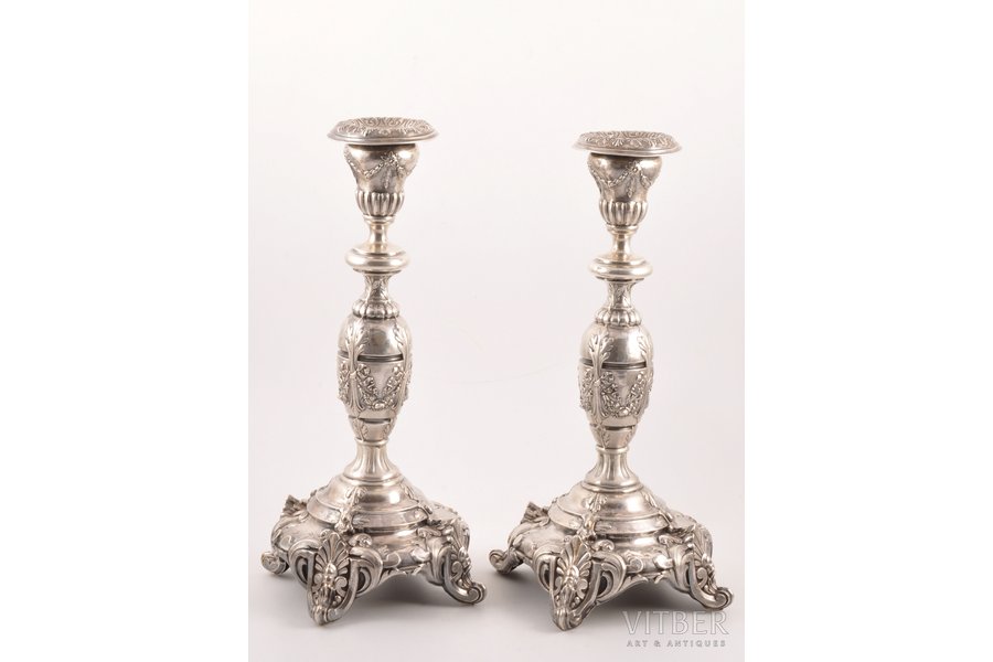 candlesticks, silver, 84 standard, 393.75+402.10 g, silver stamping, 32 cm, by Teodor Werner, 1898-1894, St. Petersburg, Russia
