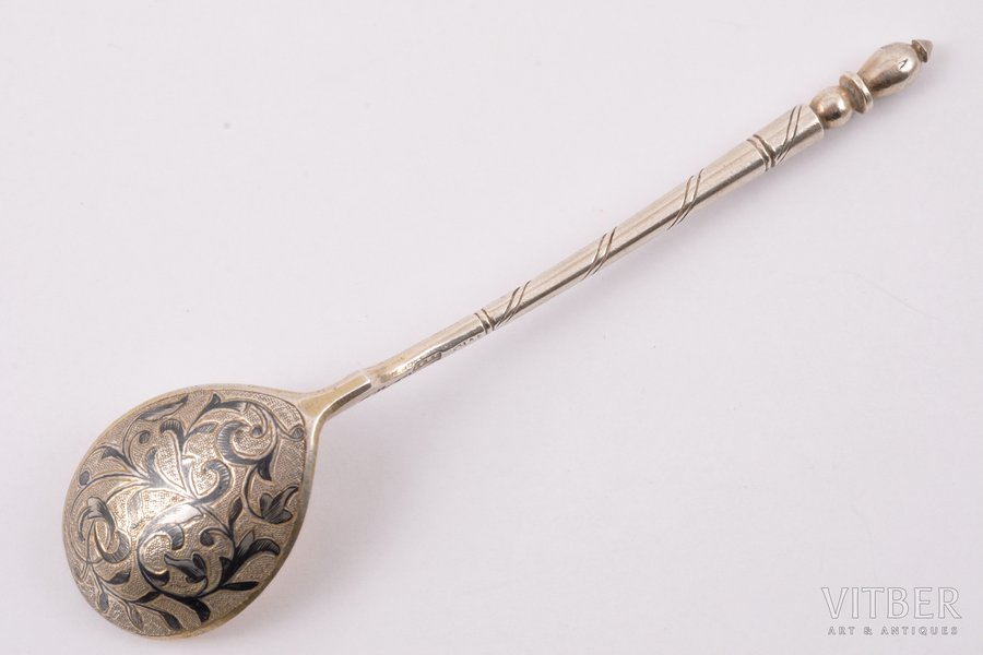 spoon, silver, 84 standard, 24.40 g, engraving, niello enamel, 13.2 cm, 1847, Moscow, Russia