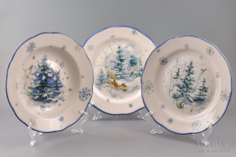 decorative plates, triptych "Winter", porcelain, sculpture's work, handpainted by Aija Mūrniece, Riga (Latvia), USSR, 1970, 23.8 - 23.6 cm