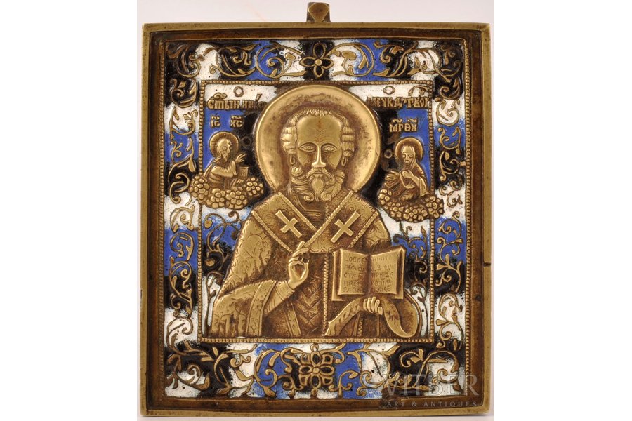 ikona, Svētais Nikolajs Brīnumdarītājs, vara sakausējuma, 3-krāsu emalja, Krievijas impērija, 19. un 20. gadsimtu robeža, 11.7 x 9.8 x 0.5 cm, 270.30 g.