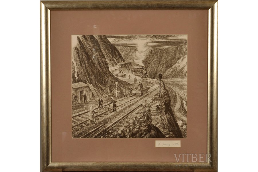 Misjurevs Aleksandrs (1936), Dzelzceļa būvniecība, 1976 g., papīrs, sausā adata, 41.5 x 46.5 cm