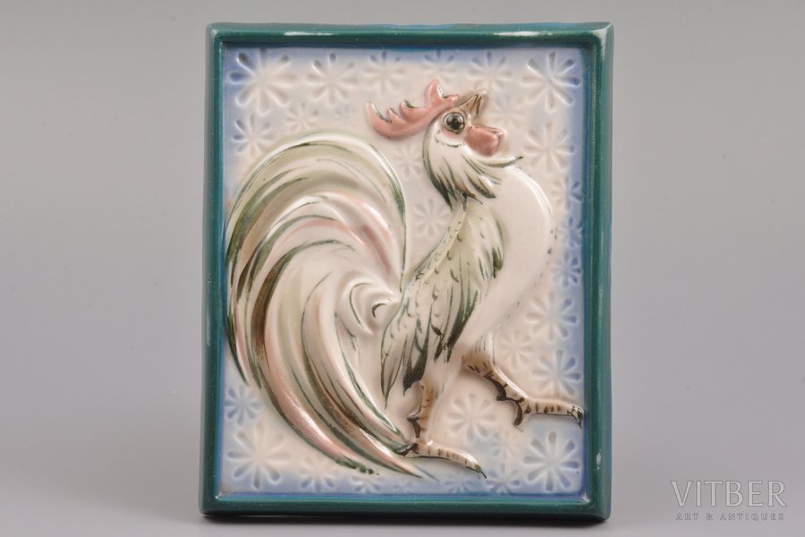 decorative wall plaque, "Rooster", porcelain, sculpture's work, handpainted by Aija Mūrniece, Riga (Latvia), USSR, the 60-70ies of 20th cent., 13 x 10.8 cm