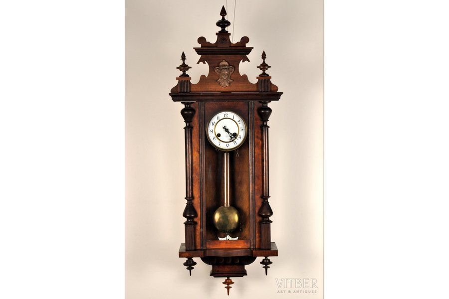 настенные часы, "Junghans", Германия, конец 19-го века, дерево, 103 x 38.7 x 18 см, Ø 146 мм, ~1895 г., в рабочем состоянии