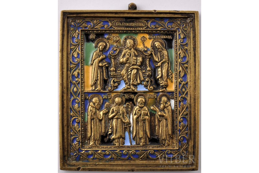 икона, Деисус, Избранные святые, медный сплав, 6-цветная эмаль, Российская империя, 19-й век, 7.5 x 9.5 см