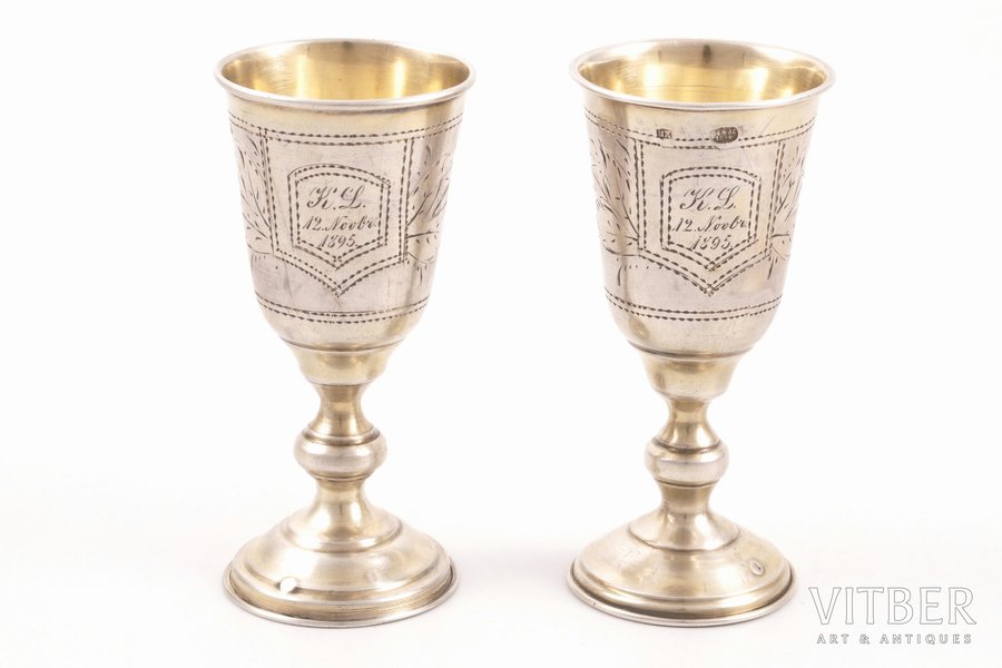 pair of little glasses, silver, 84 standart, engraving, 1894, 67.6 g, Moscow, Russia, h 9 cm
