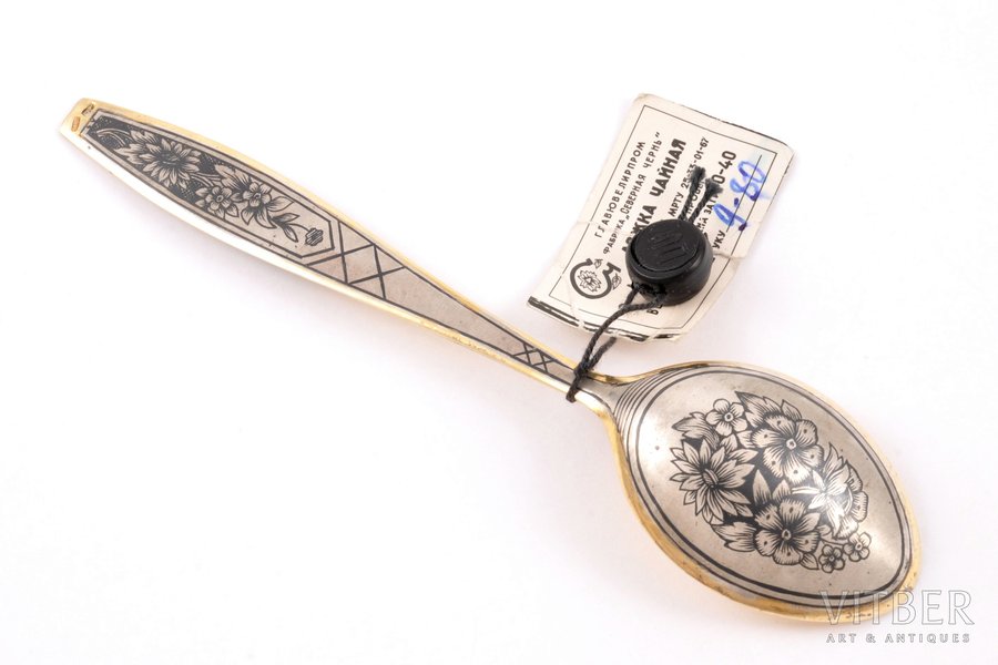 teaspoon, silver, 875 standard, 24.5 g, niello enamel, gilding, 13.7 cm, artel "Severnaya Chern", 1967, Moscow, USSR
