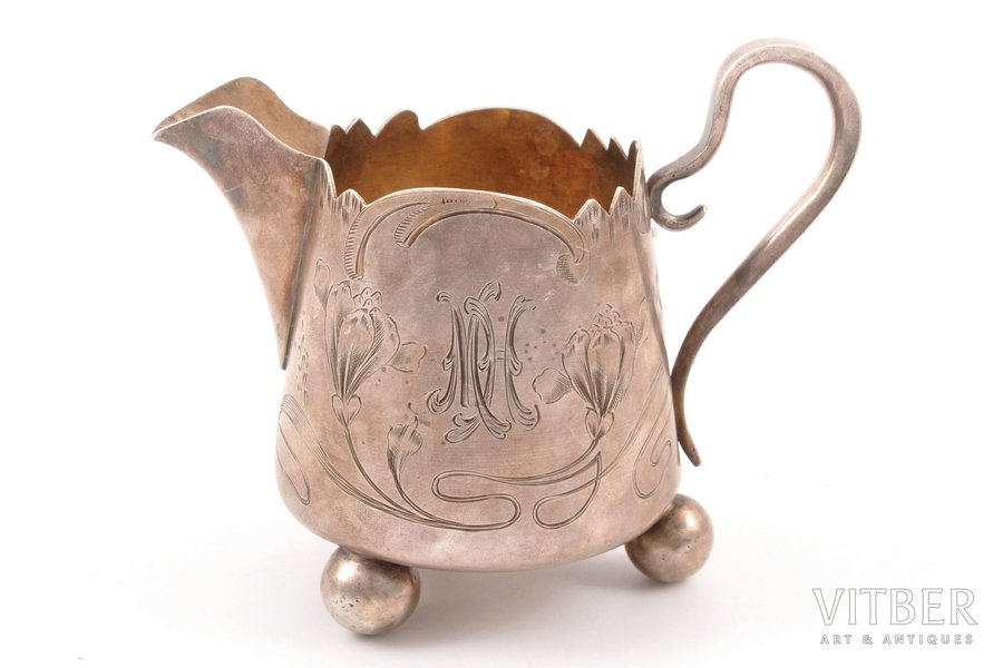cream jug, silver, 84 standard, 117.40 g, engraving, h 9.1 cm, 1908-1917, Russia