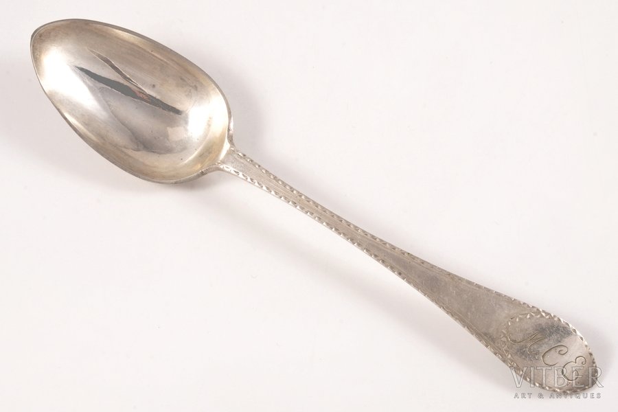 tablespoon, silver, 59.00 g, engraving, 22.5 cm, by Friedrich Grabbe, end of the 18th century, Riga, Russia
