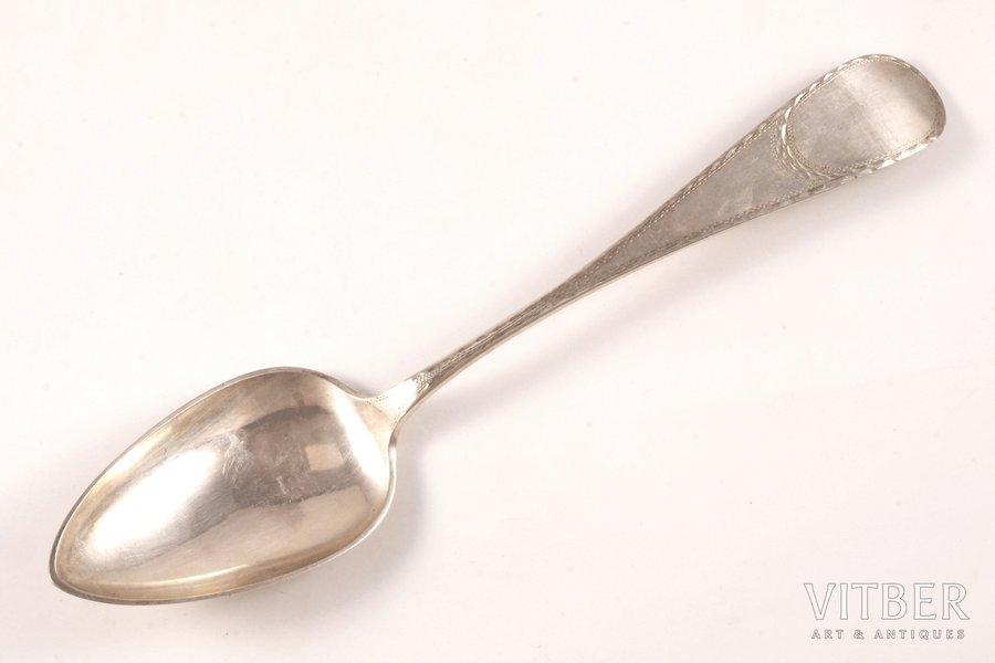 tablespoon, silver, 12 лот (750) standart, engraving, the 1st half of the 19th cent., 62.60 g, by Johann Karl Benjamin Meyer, Riga, Latvia, Russia, 22.3 cm
