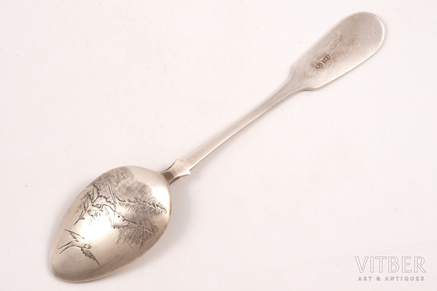 spoon, silver, 84 standard, 41.80 g, engraving, 16.8 cm, the end of the 19th century, Moscow, Russia