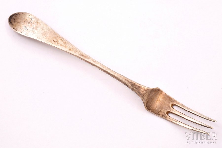 fork, silver, 42.15 g, 18.7 cm, by Joachim Gottlieb Kresner, 1776-1809, Riga, Russia