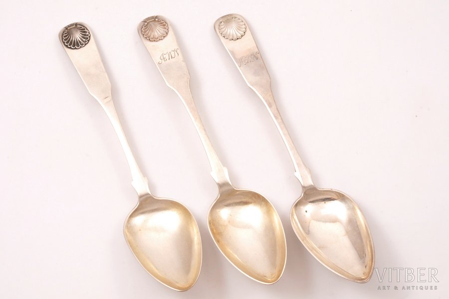 set of 3 table spoons, 192.15 g, 22.8 cm, by Johann Jacob Schmidt, 1808-1849, Riga, Russia