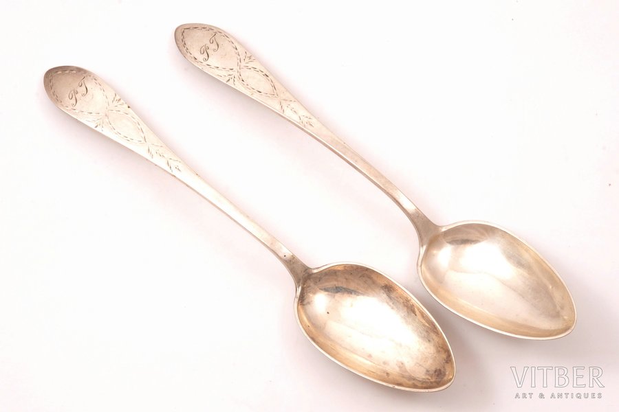 set of 2 table spoons, silver, engraving, 1776-1809, 150.7 g, by Joachim Gottlieb Kresner, Riga, Russia, 24.2 cm