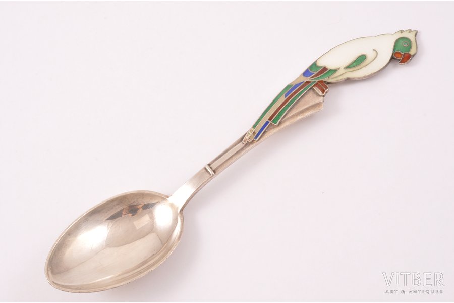 teaspoon, silver, "Parrot", 916 standard, 30.05 g, cloisonne enamel, 14.3 cm, Tallinn Jewelry Factory, 1961, Tallin, Estonia, USSR