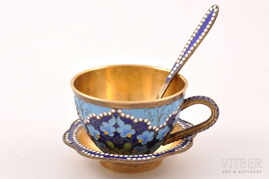 coffee pair, with a spoon, silver, 916 standart, gilding, cloisonne enamel, painted over enamel, 1967, (total) 182.10 g, Leningrad Jewelry Factory, Leningrad, USSR, (saucer) 8x8.4 cm, h (cup) 4.7 cm, (spoon) 11.5 cm